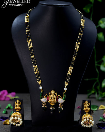 Mangalsutra with kemp & cz stone and lakshmi peacock design pendant