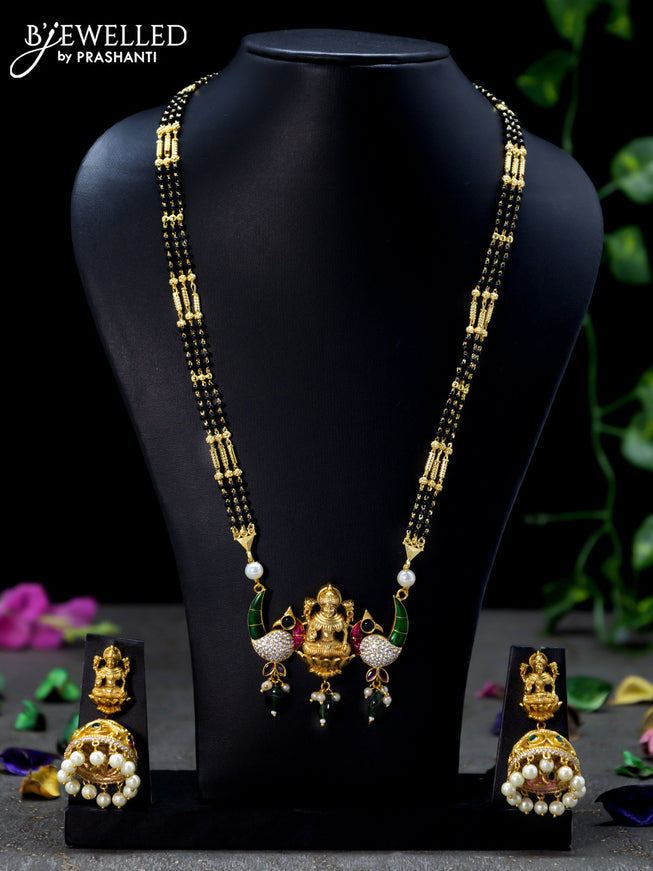 Mangalsutra with kemp & cz stone and lakshmi peacock design pendant