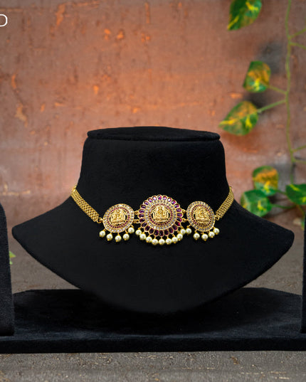 Antique choker lakshmi design with pink kemp & cz stones and pearl hangings