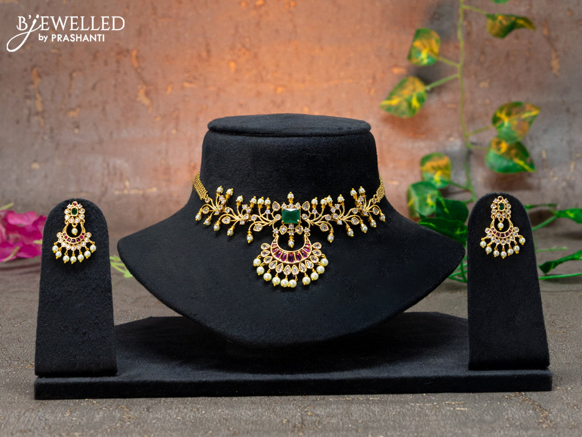 Antique choker chandbali design with kemp & cz stones and pearl hangings
