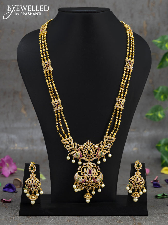 Antique haaram peacock design with kemp & cz stone and pearl hangings