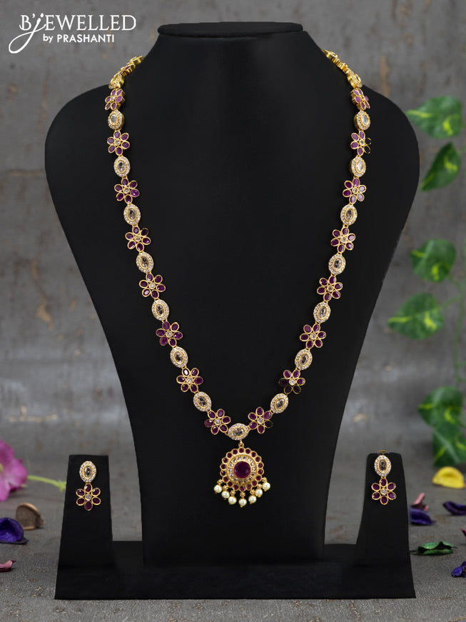 Antique haaram floral design with pink kemp & cz stone and pearl hangings