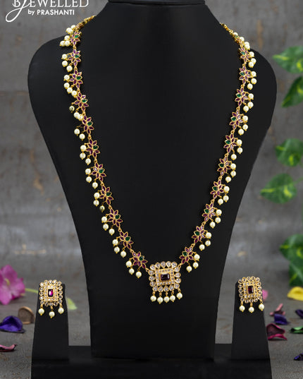 Antique haaram lotus design with kemp & cz stone and pearl hangings