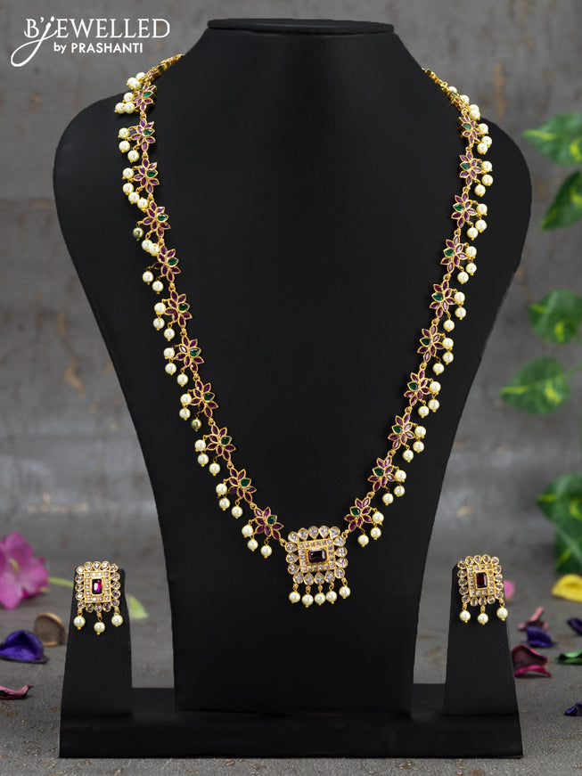 Antique haaram lotus design with kemp & cz stone and pearl hangings