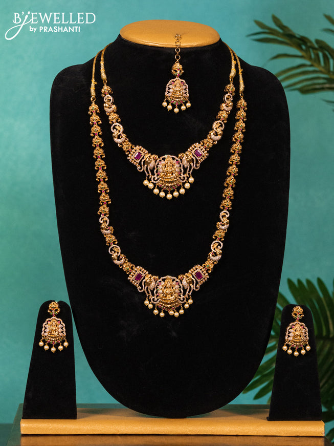 Antique bridal set lakshmi & peacock design with kemp & cz stones and pearl hangings