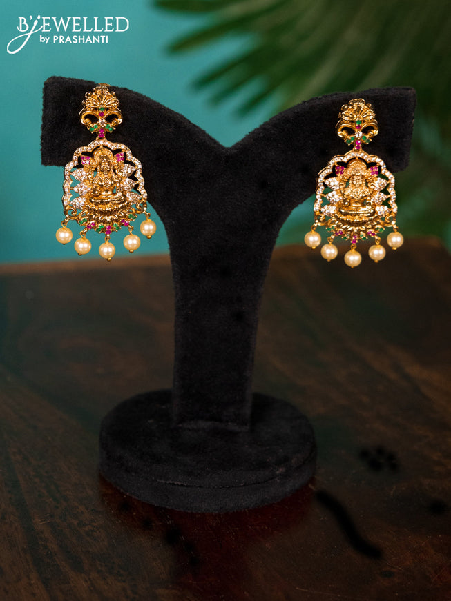 Antique bridal set lakshmi & peacock design with kemp & cz stones and pearl hangings