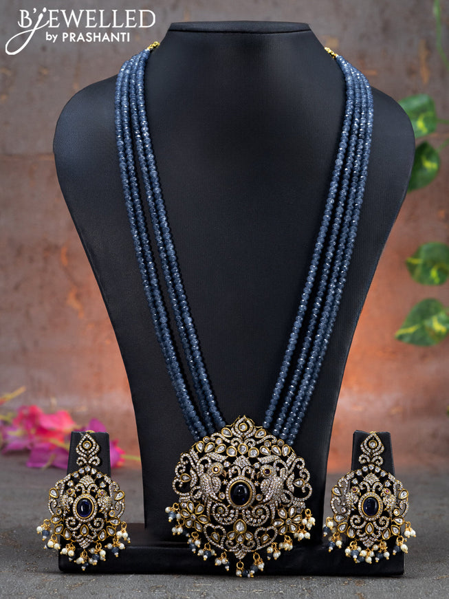 Beaded multi layer grey necklace parrot design with sapphire & cz stones and beads hanging in victorian finish