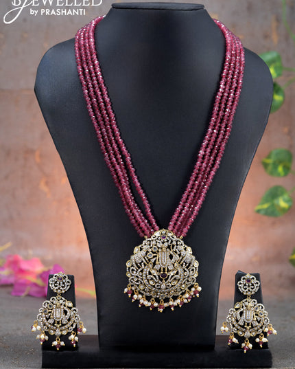 Beaded multi layer maroon necklace cz stones with tirupati balaji pendant and beads hanging in victorian finish