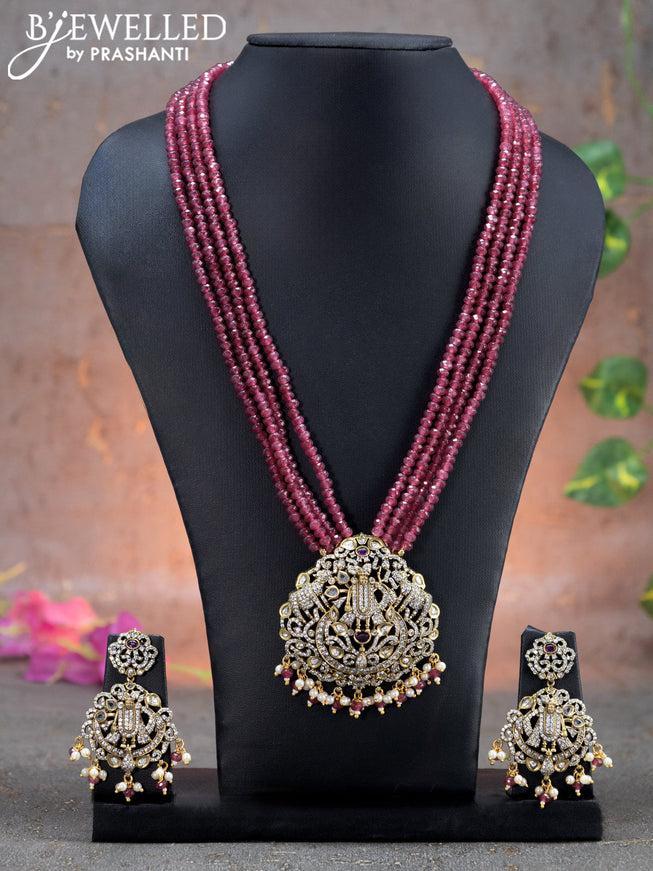 Beaded multi layer maroon necklace cz stones with tirupati balaji pendant and beads hanging in victorian finish