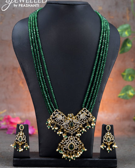 Beaded multi layer green necklace elephant design with emerald & cz stones and beads hanging in victorian finish