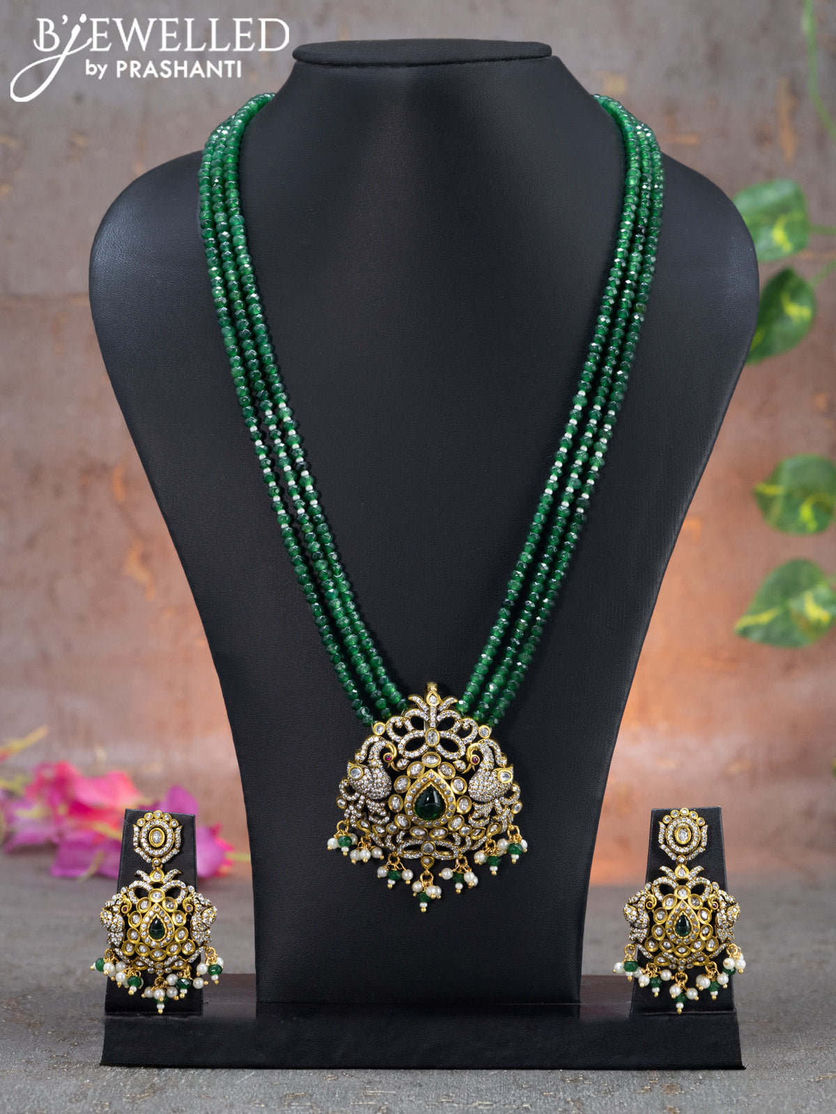 Beaded triple layer green necklace swan design with emerald & cz stone ...