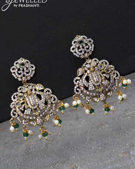 Beaded multi layer green necklace emerald & cz stones with tirupati balaji pendant and beads hanging in victorian finish