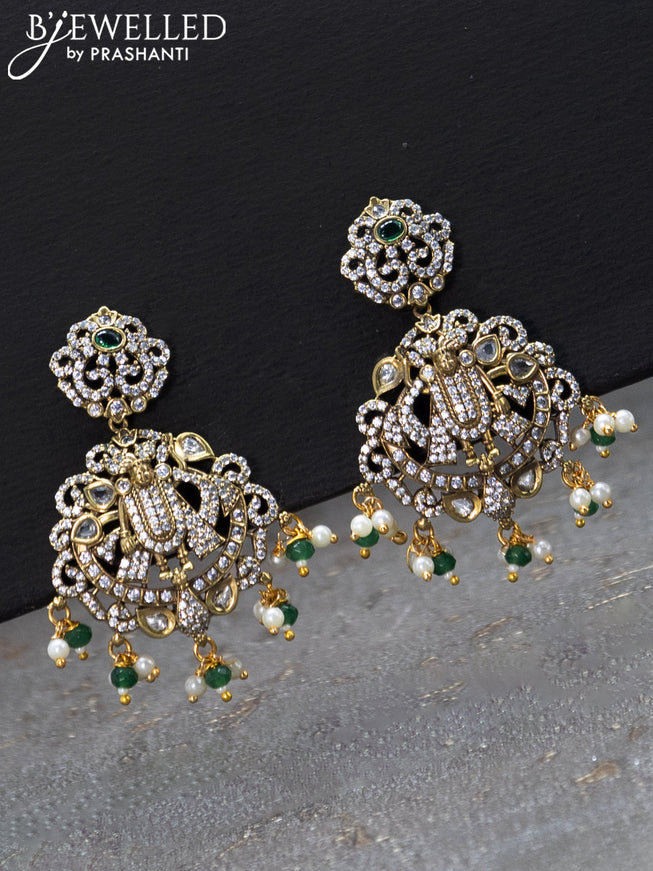 Beaded multi layer green necklace emerald & cz stones with tirupati balaji pendant and beads hanging in victorian finish