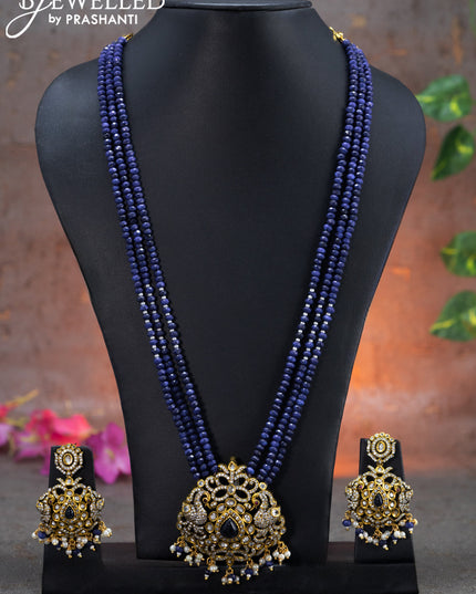 Beaded triple layer violet necklace swan design with sapphire & cz stones and beads hanging in victorian finish