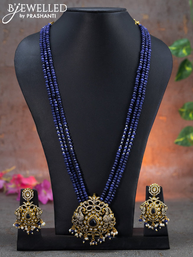 Beaded triple layer violet necklace swan design with sapphire & cz stones and beads hanging in victorian finish