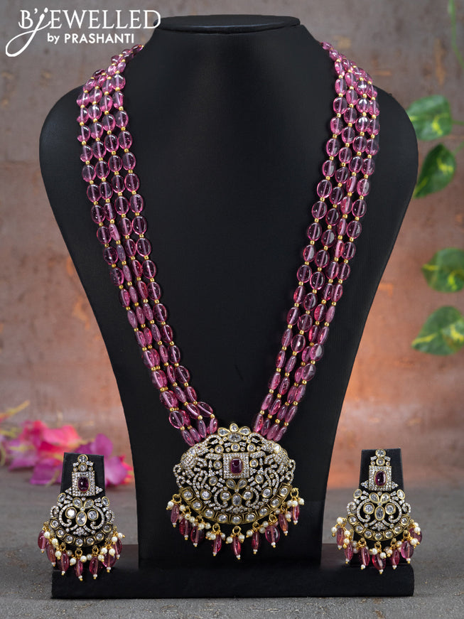 Beaded multi layer pink necklace elephant design with ruby & cz stones and beads hanging in victorian finish