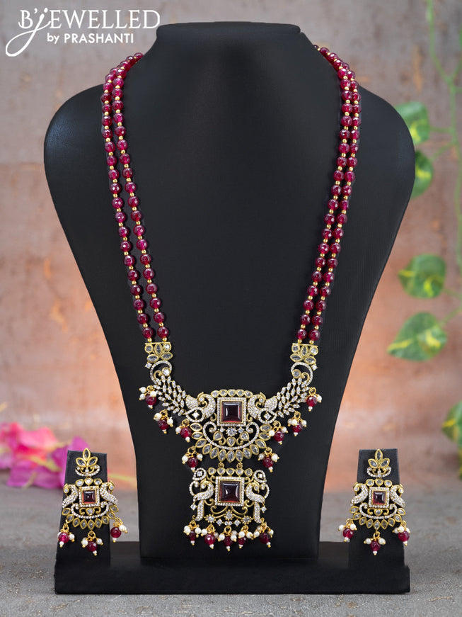 Beaded double layer maroon necklace peacock design with ruby & cz stones and beads hanging in victorian finish