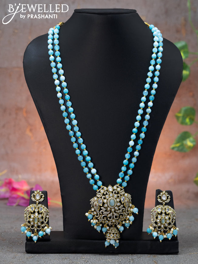 Beaded double layer ice blue necklace with cz stones and beads hanging in victorian finish