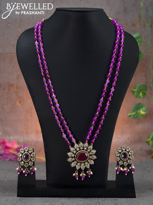 Beaded double layer purple necklace floral design with ruby & cz stones and beads hanging in victorian finish