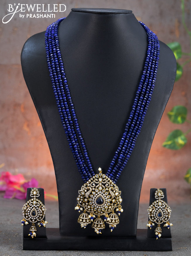 Beaded multi layer violet necklace peacock design with sapphire & cz stones and beads hanging in victorian finish
