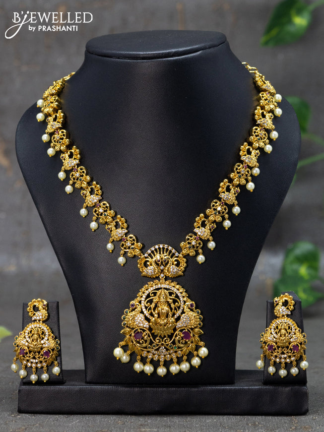 Antique necklace lakshmi design with kemp & cz stones and pearl hangings