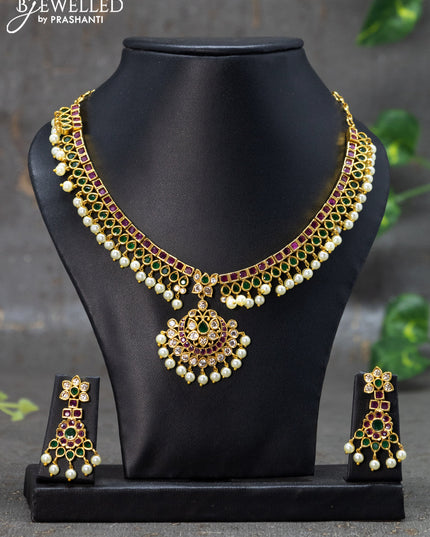 Antique necklace chandbali design with kemp & cz stones and pearl hangings