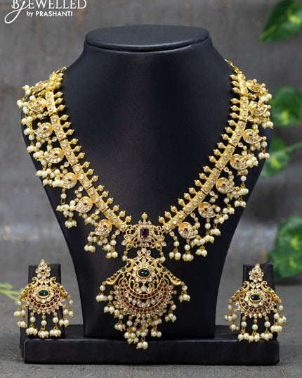 Antique guttapusalu necklace chandbali design with kemp & cz stones and pearl hangings