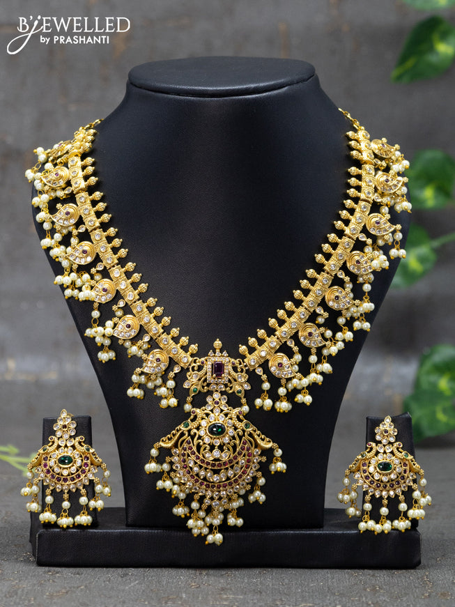 Antique guttapusalu necklace chandbali design with kemp & cz stones and pearl hangings