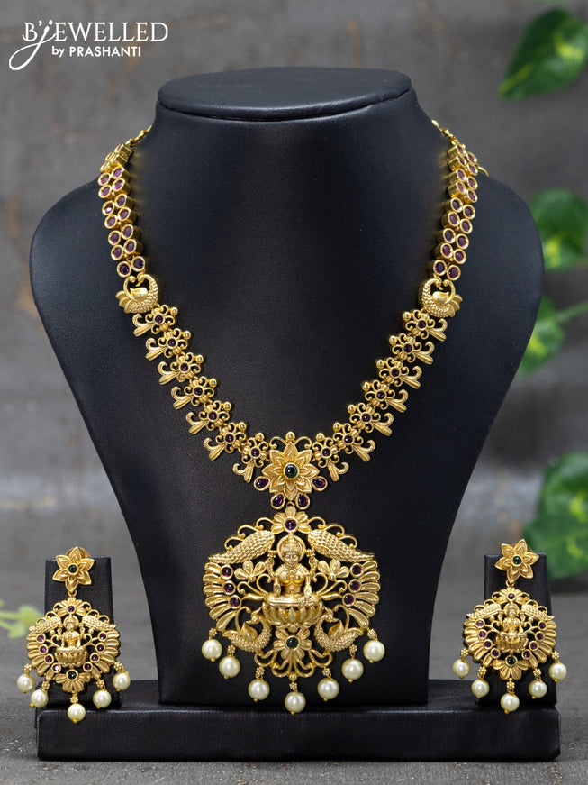 Antique necklace lakshmi design with kemp stones and pearl hangings