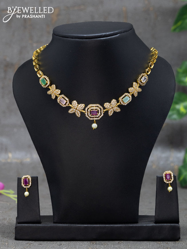 Antique Necklace with multicolour & cz stones and pearl hangings
