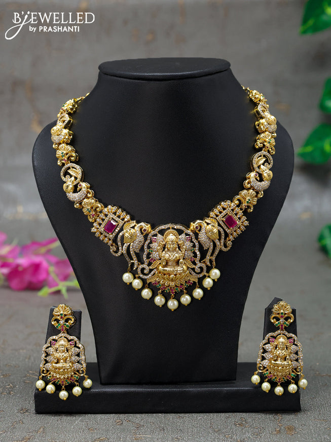 Antique Necklace lakshmi & peacock design with kemp & cz stones and pearl hangings