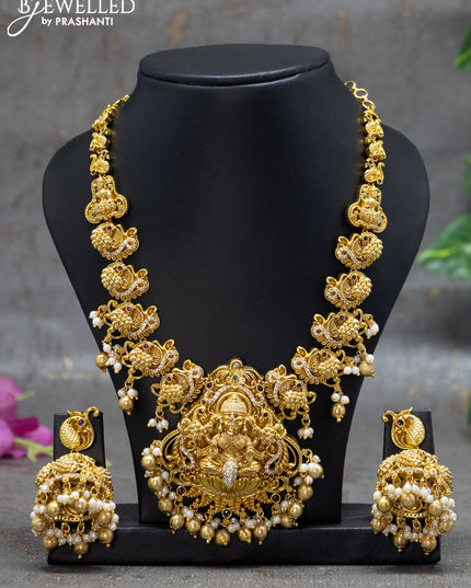 Antique Necklace lakshmi & peacock design with kemp & cz stones and golden beads hangings