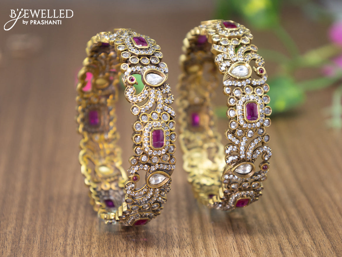 Victorian bangles peacock design with pink kemp and cz stones