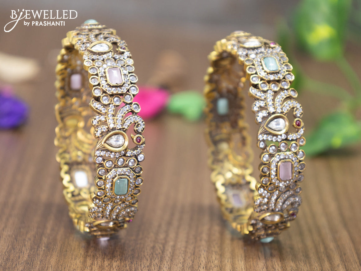 Victorian bangles peacock design with mint green & baby pink and cz stones