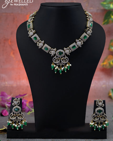 Necklace peacock & parrot design with emerald & cz stones and beads hangings in victorian finish