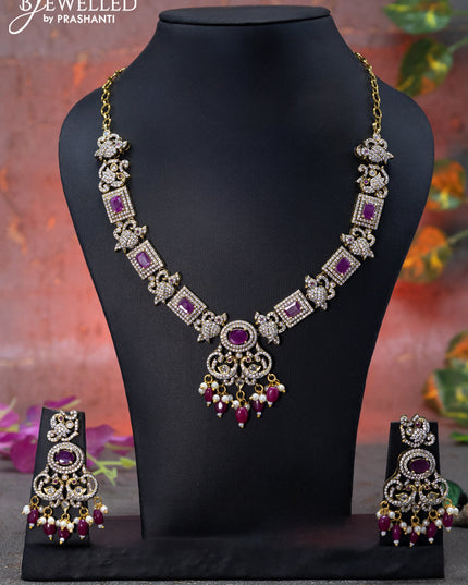 Necklace peacock & parrot design with pink kemp & cz stones and beads hangings in victorian finish