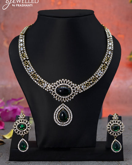 Necklace with emerald & cz stones and hangings in victorian finish