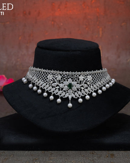 Zircon choker floral design with emerald & cz stones and pearl hangings