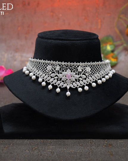 Zircon choker floral design with baby pink & cz stones and pearl hangings