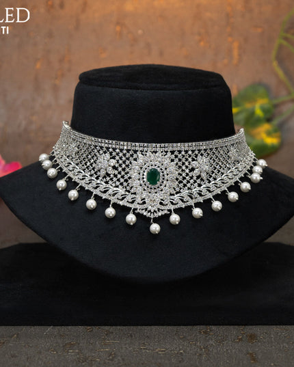 Zircon choker with emerald & cz stones and pearl hangings