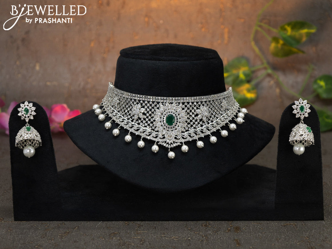 Zircon choker with emerald & cz stones and pearl hangings