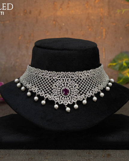 Zircon choker floral design with ruby & cz stones and pearl hangings