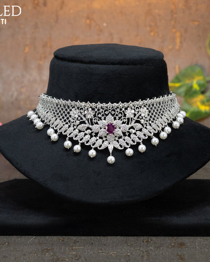 Zircon choker floral design with ruby & cz stones and pearl hangings