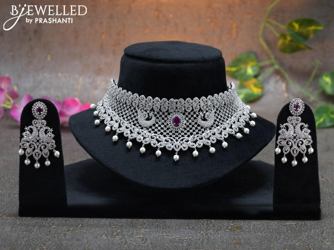 Zircon choker peacock design with ruby & cz stones and pearl hangings