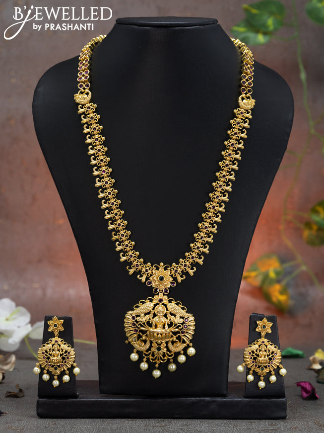 Antique haaram lakshmi design with kemp & cz stone and pearl hangings