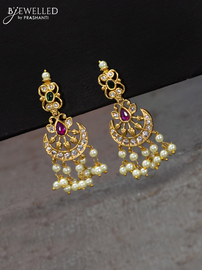 Antique haaram chandbali design with kemp & cz stones and pearl hangings