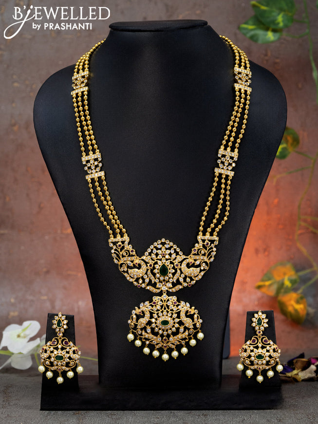 Antique haaram peacock design with kemp & cz stones and pearl hangings