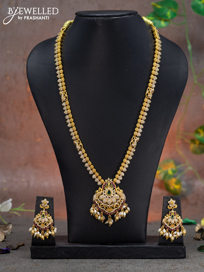 Antique haaram peacock design with kemp & cz stones and golden beads hanging