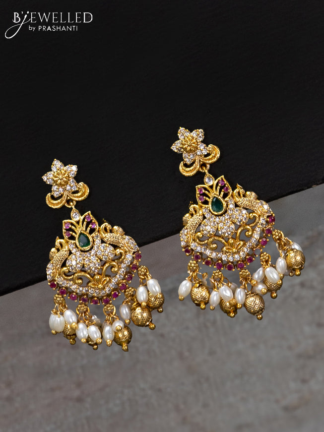 Antique haaram peacock design with kemp & cz stones and golden beads hanging