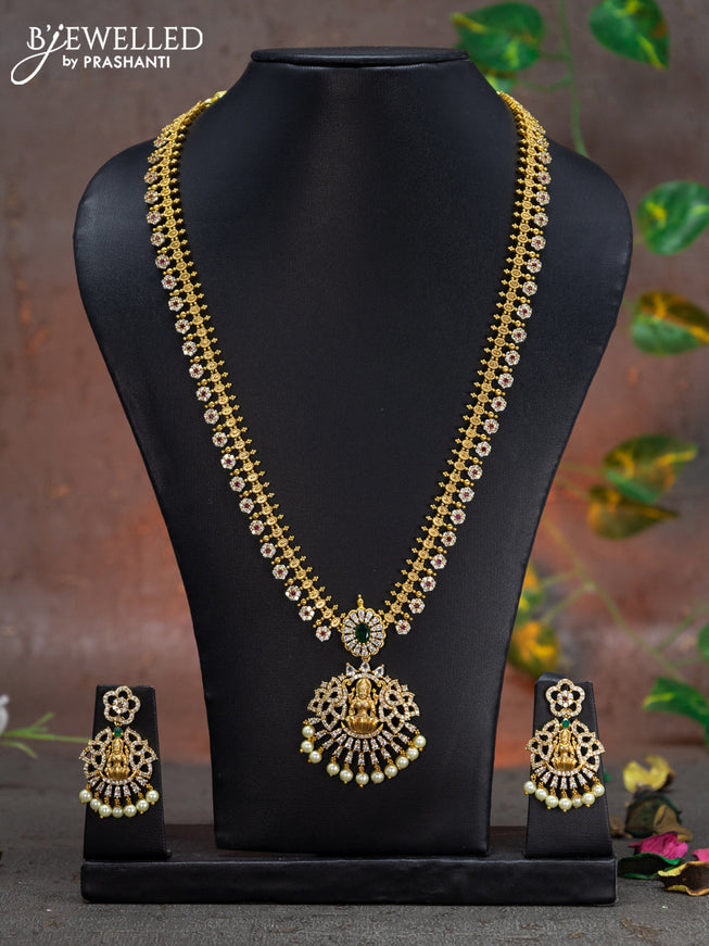 Antique haaram lakshmi design with kemp & cz stone and pearl hangings